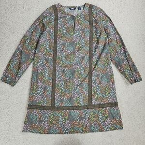 Lands End Shift Dress Knee Length Green Floral Long Sleeve Cottage Womens Medium